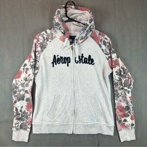 AEROPOSTALE Size LARGE CREAM FLORAL ACCENT ZIP UP HOODED JACKET logo on front